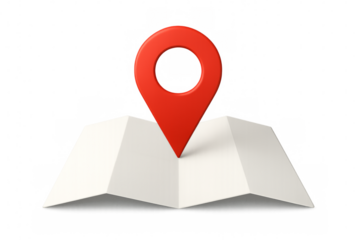 Red location pin pointing on folded map with transparent background