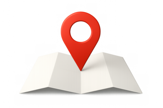Red location pin pointing on folded map with transparent background