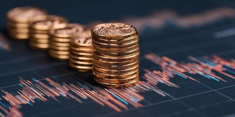 Stacked coins diminish into the background, laying atop a financial chart on a dark surface. The coins are gold and appear like money