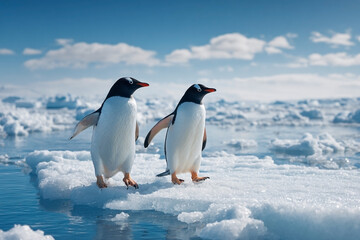 Naklejka premium Two Gentoo penguins strolling on ice floe, polar wonderland nature scene adventure