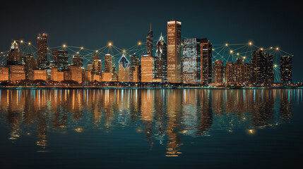 Twilight in the Smart digital Innovation city with connection network reciprocity over the cityscape. of future smart wireless digital city and social media networking systems that connects people