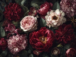 Romantic arrangement featuring peonies, dahlias, roses, & lush leaves in deep, muted pinks, reds, & greens creating a vintage, dark, floral aesthetic