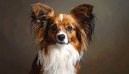 Dog Portrait with Brown and White Fur Against a Gray Background Cute Animal Face Expressive Eyes Fluffy Ears and Soft Lighting