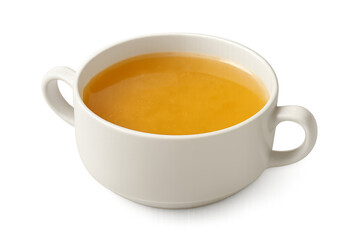 Steaming hot broth in white bowl on transparent background