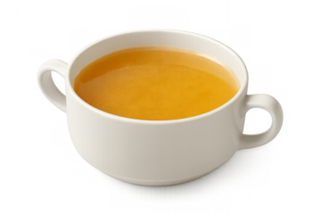 Steaming hot broth in white bowl on transparent background