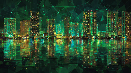 Twilight in the Smart digital Innovation city with connection network reciprocity over the cityscape. of future smart wireless digital city and social media networking systems that connects people