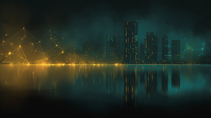 Twilight in the Smart digital Innovation city with connection network reciprocity over the cityscape. of future smart wireless digital city and social media networking systems that connects people