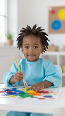 Toddler holding paintbrush, bright smile, focused on colorful abstract painting. Concept of toddler holding paintbrush, artistic expression in playful environment.