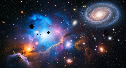 Vast expanse of space filled with nebulae and galaxies.