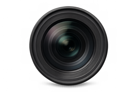 Camera lens showing glass and diaphragm blades on transparent background