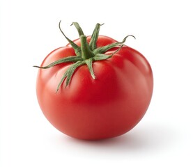 Ripe, vibrant red tomato with green leafy stem isolated on white, casting a soft shadow. Smooth skin gleams, perfect for summer salads