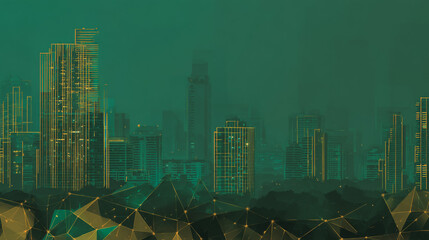 Twilight in the Smart digital Innovation city with connection network reciprocity over the cityscape. of future smart wireless digital city and social media networking systems that connects people