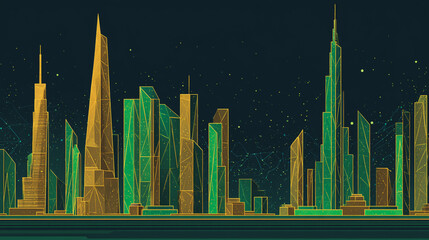 Twilight in the Smart digital Innovation city with connection network reciprocity over the cityscape. of future smart wireless digital city and social media networking systems that connects people