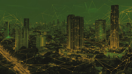 Twilight in the Smart digital Innovation city with connection network reciprocity over the cityscape. of future smart wireless digital city and social media networking systems that connects people