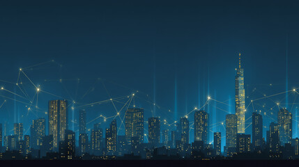 Twilight in the Smart digital Innovation city with connection network reciprocity over the cityscape. of future smart wireless digital city and social media networking systems that connects people