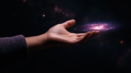 A hand reaches out toward a swirling galaxy, symbolizing connection to the cosmos and the vastness of the universe.
