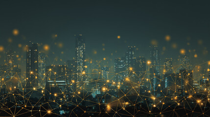Twilight in the Smart digital Innovation city with connection network reciprocity over the cityscape. of future smart wireless digital city and social media networking systems that connects people