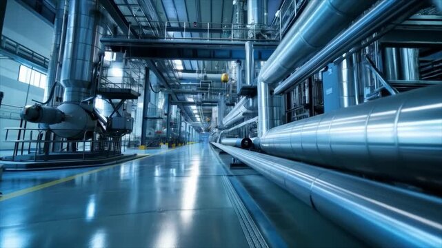 A modern industrial facility with pipes and equipment in a well-lit workshop. Used for illustrations of industrial processes, articles on manufacturing innovations, presentations on technology, or edu