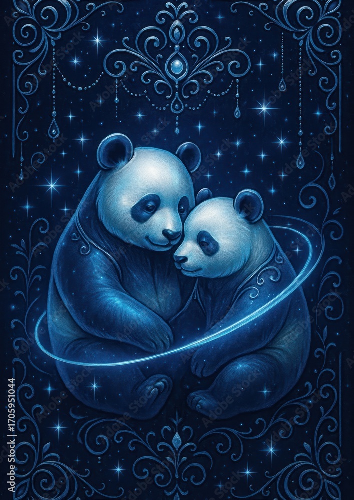 Poster magical pandas under starry sky.