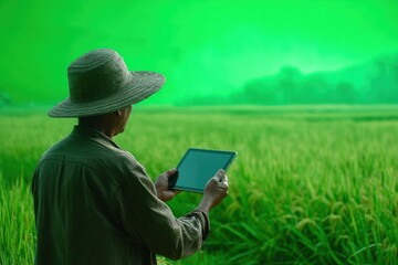 Farmer using tablet in a rice paddy