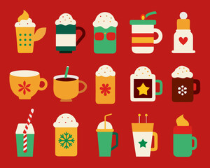 Collection of festive holiday drinks and coffee cups