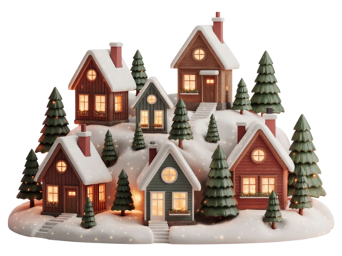 Snow-Covered Christmas Village with Cozy Houses and Pine Trees, Winter PNG