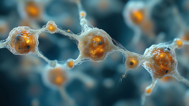 Microscopic-style illustration of interconnected cells with translucent membranes and glowing amber nuclei, resembling neurons or molecular structures.