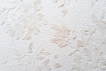 Close-up of embossed white wallpaper featuring stylized floral motifs with leaves, creating a textured, elegant, and subtle surface design