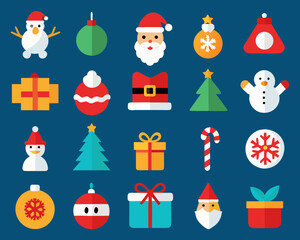 Collection of flat design christmas icons on a blue background