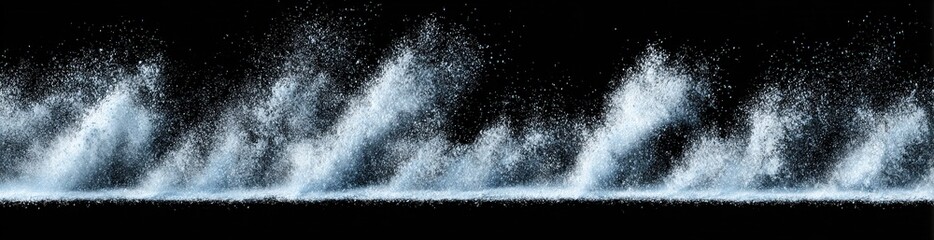 Row of water plumes erupting upwards against a black background, creating a dynamic and slightly ominous atmosphere