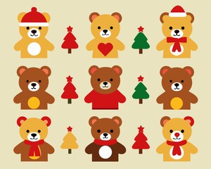 Cute christmas teddy bears and trees illustration