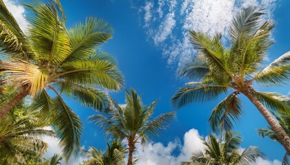 Fototapeta premium A Vibrant Image Looking Up At Palm Trees Against A Bright Blue Sky With Scattered Clouds