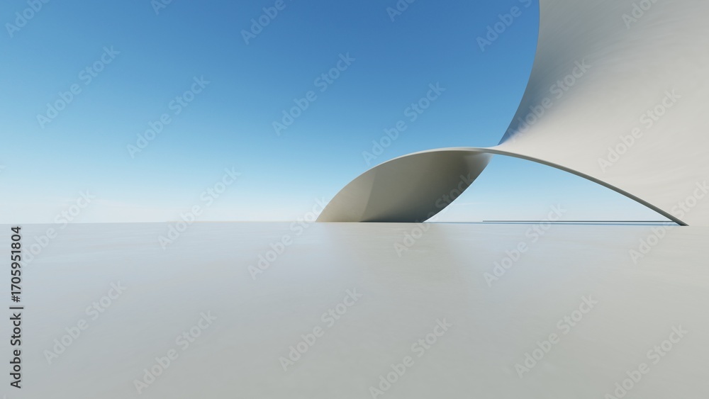 Aufkleber abstract white curved architecture background, empty wavy space with reflected concrete floor, futur