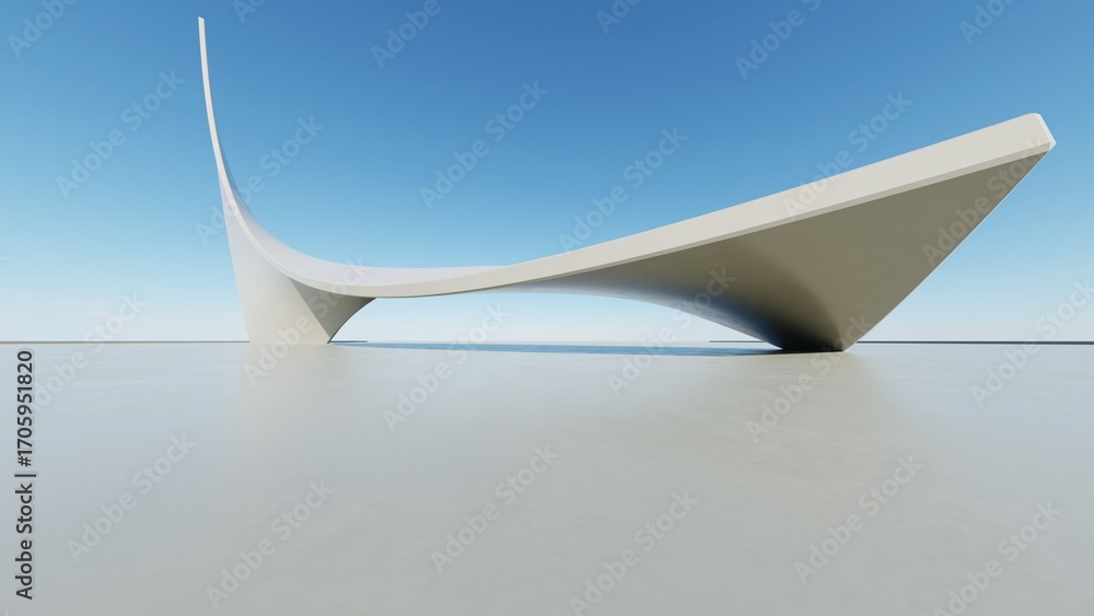Aufkleber abstract white curved architecture background, empty wavy space with reflected concrete floor, futur