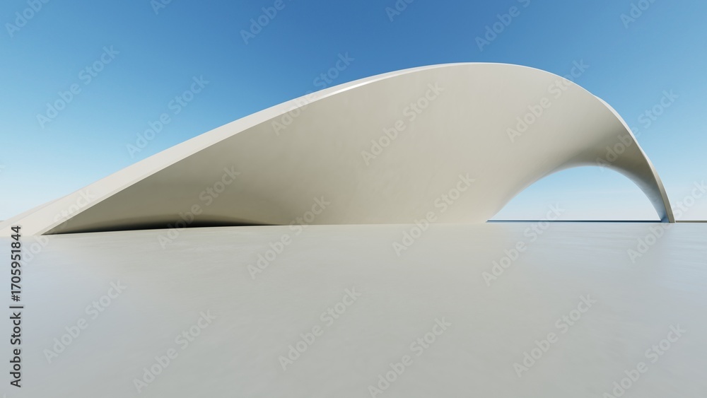 Aufkleber abstract white curved architecture background, empty wavy space with reflected concrete floor, futur