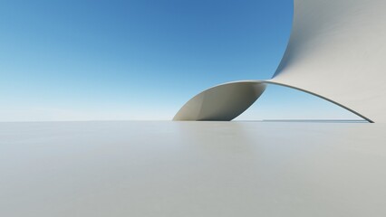 Abstract white curved architecture background, Empty wavy space with reflected concrete floor, Futuristic modern interior backdrop, 3d rendering of twisted building