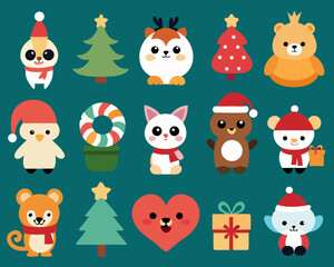 Cute christmas animals and holiday icons pattern