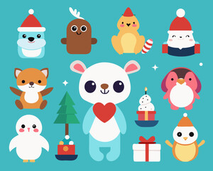 Cute christmas animals and gifts with festive decorations
