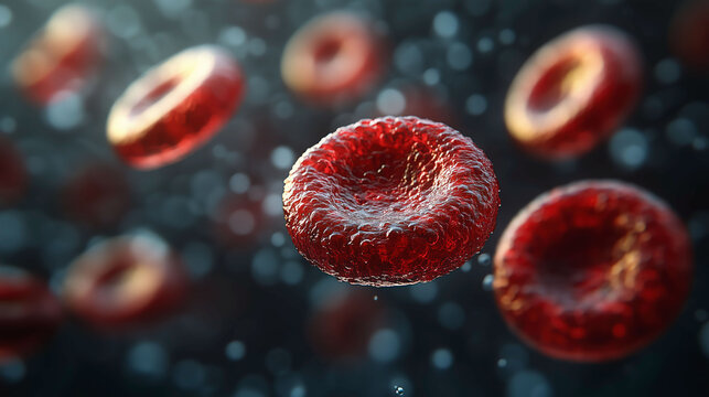 Close-up 3D render of red blood cells (erythrocytes) floating in the bloodstream, showing biconcave texture and glossy surfaces. - Powered by Adobe