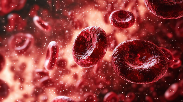 Close-up 3D illustration of red blood cells (erythrocytes) flowing through plasma in the bloodstream, with microscopic particles and vascular detail.