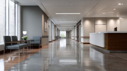 Long empty hospital corridor features a shiny floor waiting area and reception desk