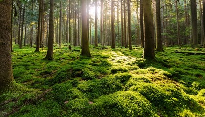 Obraz premium A Vibrant Forest Floor Covered In Lush Green Moss Illuminated By Soft Sunlight Filtering Through The Tall Trees Overhead