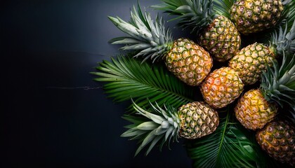 A Vibrant Cluster Of Ripe Pineapples With Lush Green Leaves On A Dark Background Ideal For Tropical Themes
