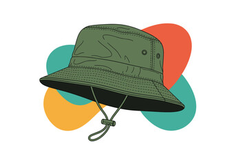 A stylish green bucket hat with a string is showcased against colorful abstract shapes.