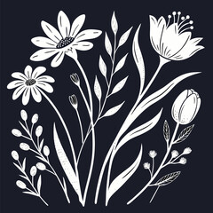 Elegant Botanical Illustration of White Flowers and Foliage A Minimalist and Stylish Design for Various Creative Projects