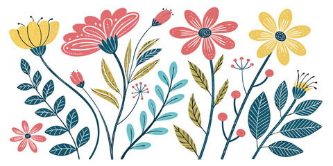 A Cheerful Assembly of Stylized Flowers and Foliage in a Whimsical Botanical Illustration with Lively Colors and Playful Details