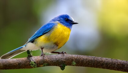 Fototapeta premium A Vibrant Blue And Yellow Bird Perched On A Branch Surrounded By A Blurred Natural Background