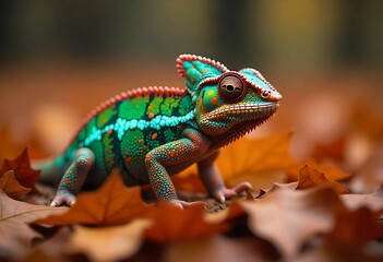 Detailed Close Up Chameleon on Brown Leaves, Autumn Seasonal Wildlife