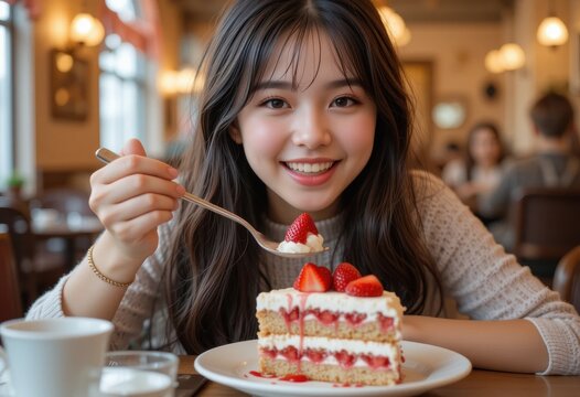 A cheerful young woman enjoys a slice of strawberry cake in a cozy cafe setting, exuding joy and delight.