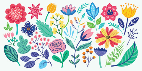 Whimsical Floral Arrangement An Artistic Collection of Hand Drawn Flowers and Foliage in a Variety of Colors and Styles